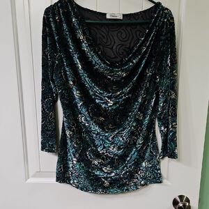 Dress Barn Teal and Black Velvet Style Dressy Holiday Drape Neck Blouse